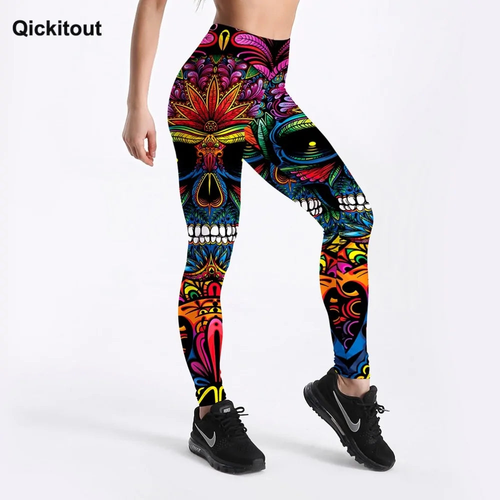 Style Women's Colorful Skull & Leaf Printed Slim Workout Leggings