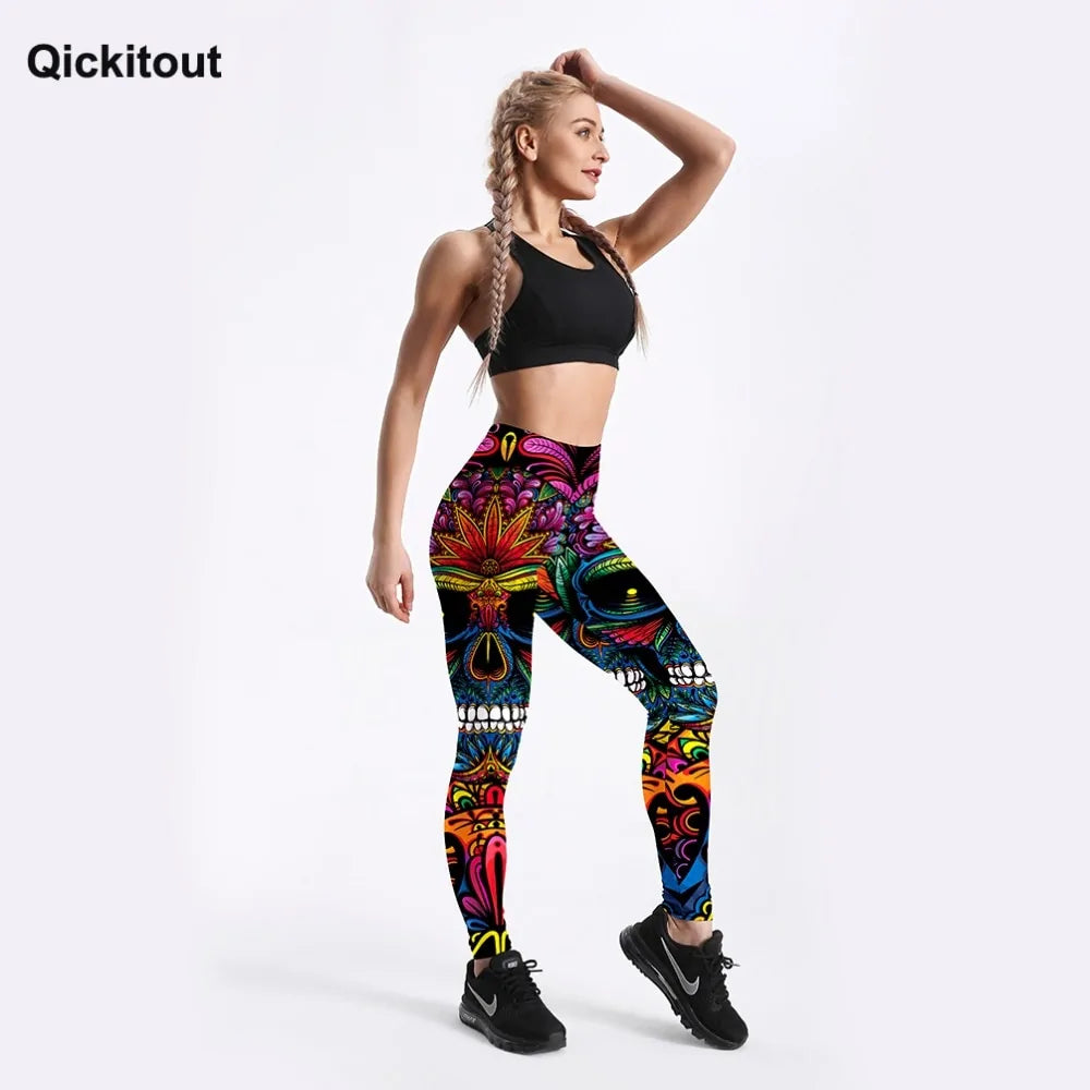 Style Women's Colorful Skull & Leaf Printed Slim Workout Leggings