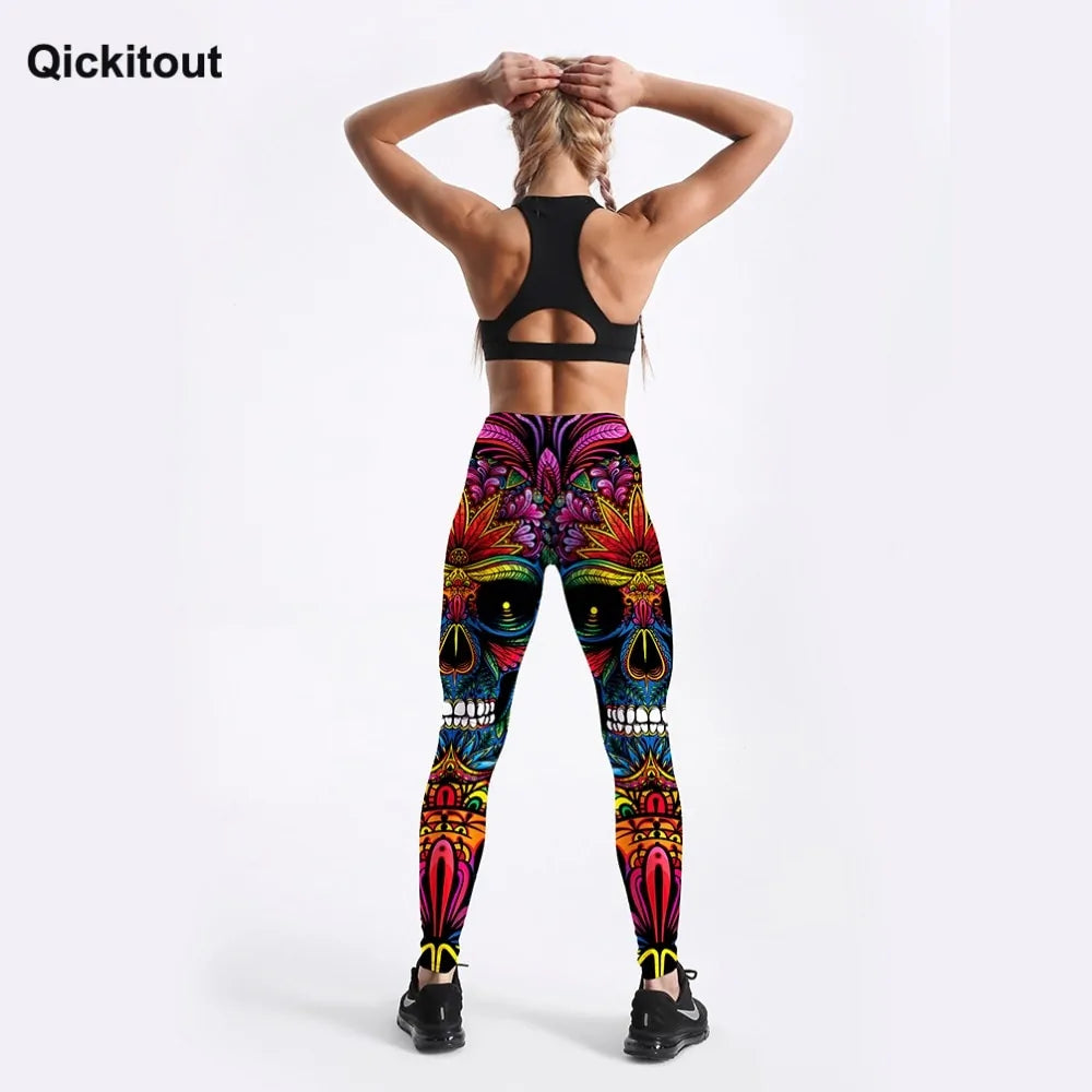 Style Women's Colorful Skull & Leaf Printed Slim Workout Leggings