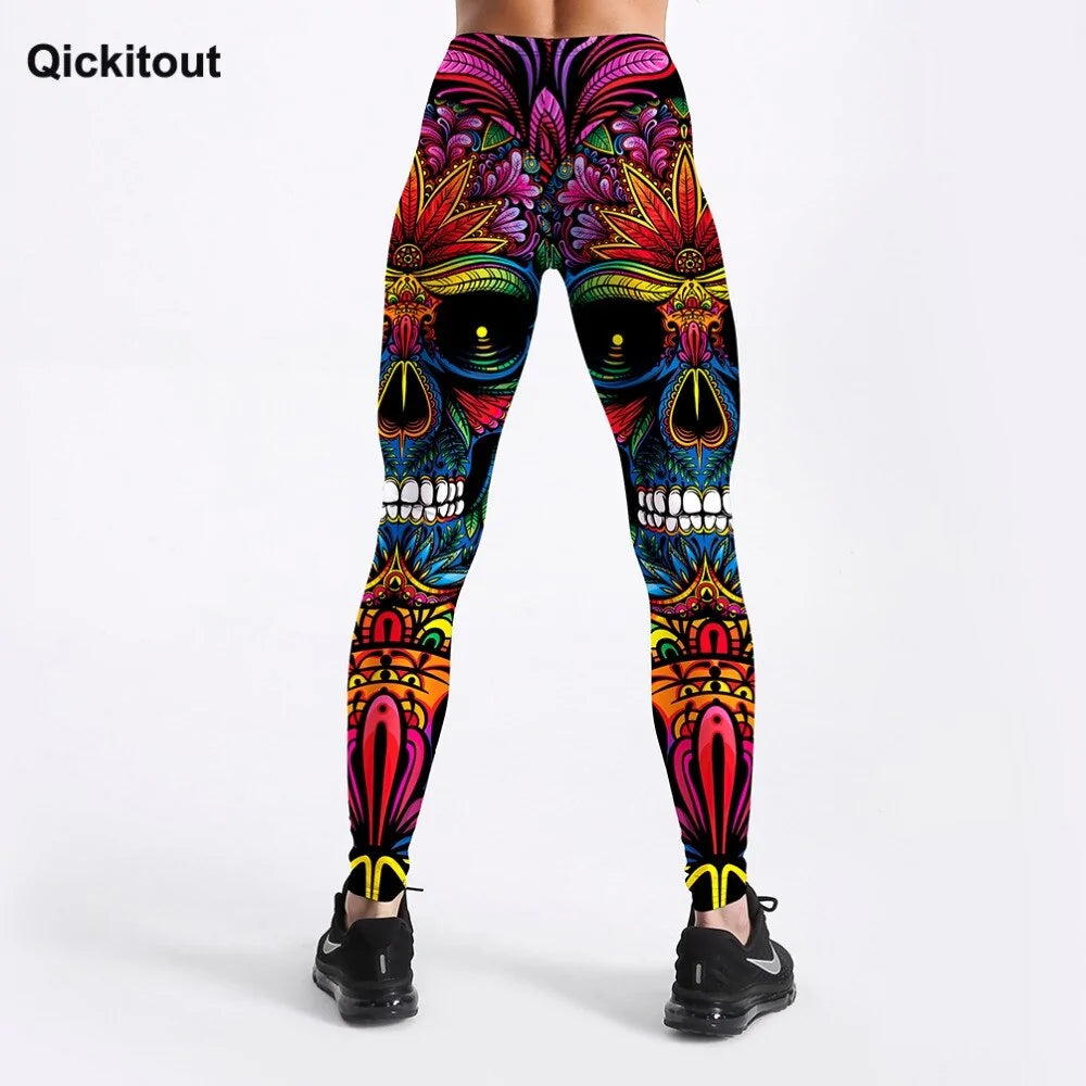 Style Women's Colorful Skull & Leaf Printed Slim Workout Leggings