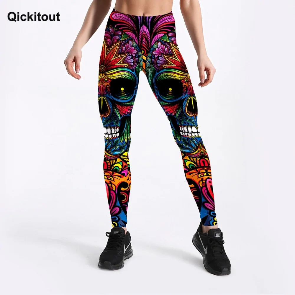 Style Women's Colorful Skull & Leaf Printed Slim Workout Leggings