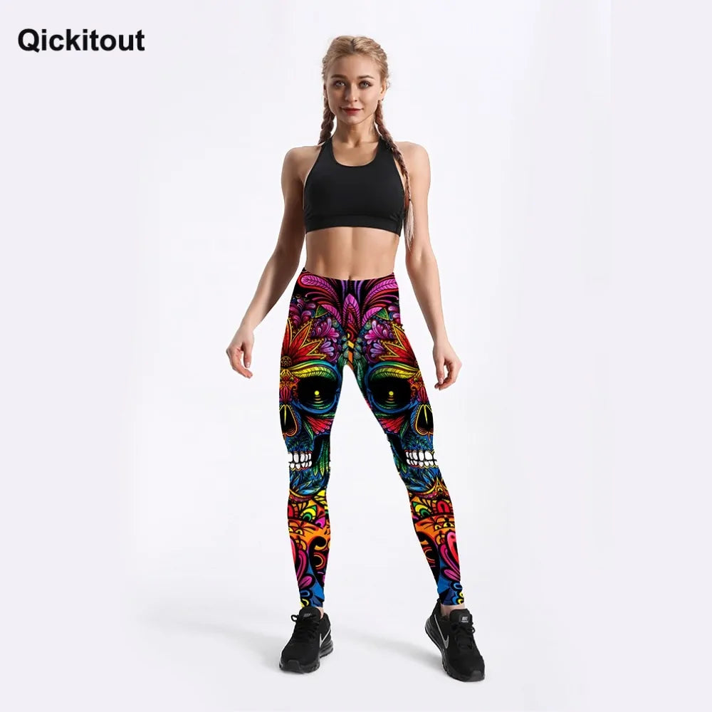 Style Women's Colorful Skull & Leaf Printed Slim Workout Leggings